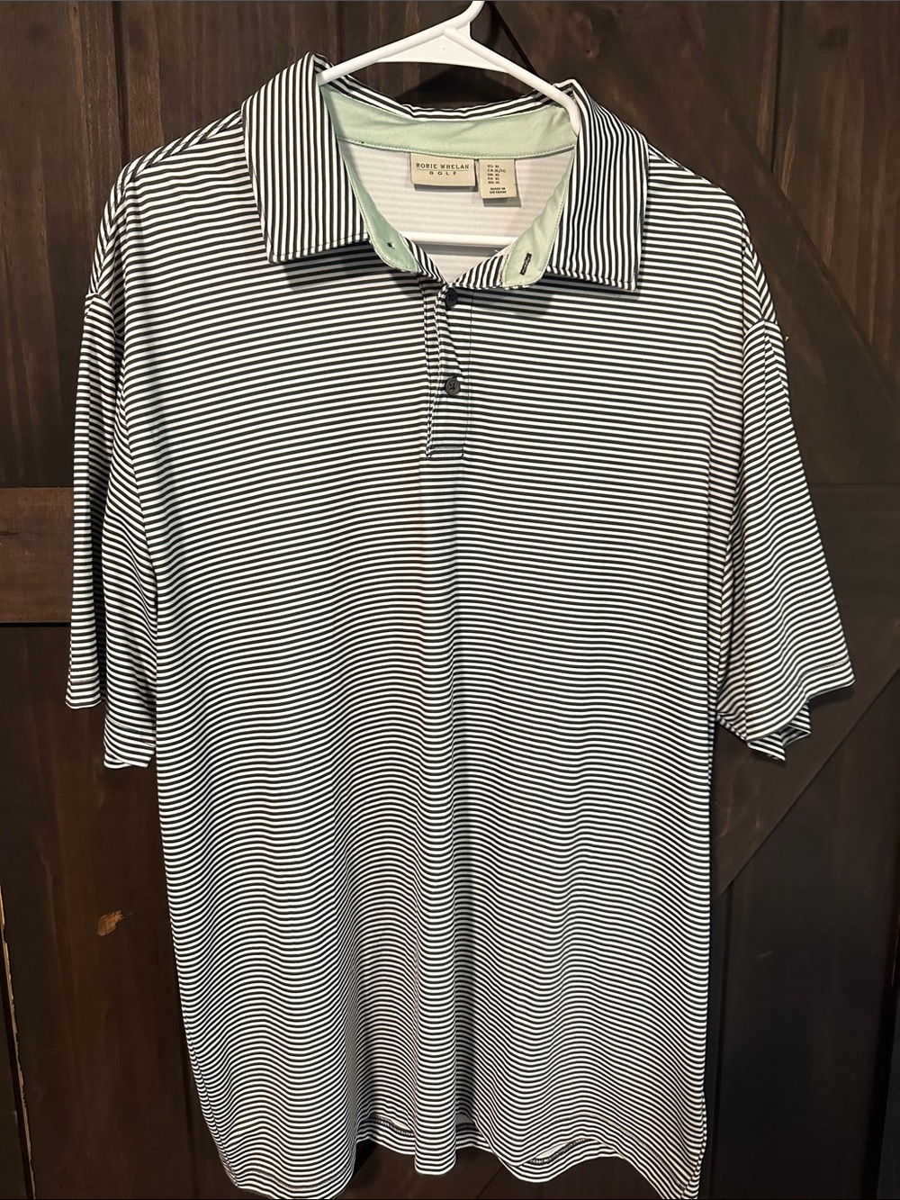 Rorie Whelan Black and White Striped Polo with Mint Inner Collar